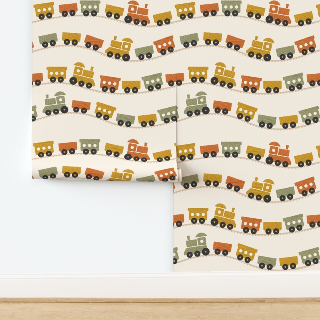 Boho Baby Trains Retro Warm Colors Nursery Toy Train Kids Toddlers Custom Removable Wallpaper by Spoonflower Peel & Stick Wallpaper 2FT Wide